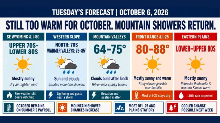 Denver and the Front Range Reach the Mid 80s Tuesday as Colorado Mountains See Isolated Showers Before Cooler, Windy Storm Possible Next Week