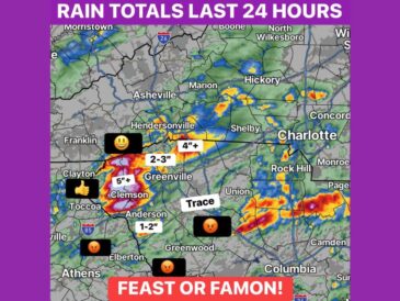 Feast or Famine Rain Leaves 5 Inches Near Clemson and Trace Amounts Near Greenwood as Wedge Shifts Storms South Toward I-20 Today