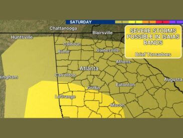 Isaias Brings 30 to 40 MPH Gusts and Tornado Risk to Atlanta, LaGrange, Griffin, and Carrollton Saturday as Wet Ground Raises Damage Threat