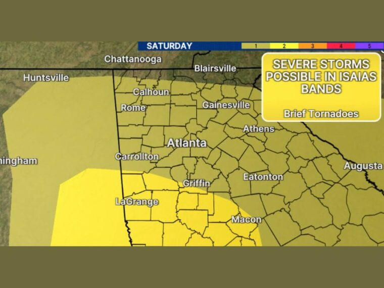 Isaias Brings 30 to 40 MPH Gusts and Tornado Risk to Atlanta, LaGrange, Griffin, and Carrollton Saturday as Wet Ground Raises Damage Threat