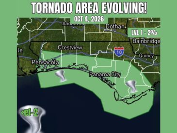 Level 1 Tornado Risk and Landfalling Waterspouts Threaten Pensacola, Destin, and Panama City Sunday as Storms Could Rotate Along Florida Panhandle Coast