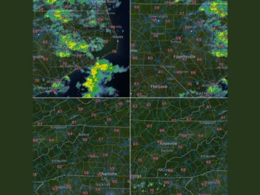 Scattered Showers Linger Across Eastern North Carolina Near Greenville and Goldsboro Sunday While Drizzle Covers Raleigh and Charlotte in a Far Drier Day