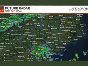 Scattered Showers and a Possible Storm Target Areas South of Raleigh Today as Cold Front Crosses North Carolina With Rising Rain Chances Tonight
