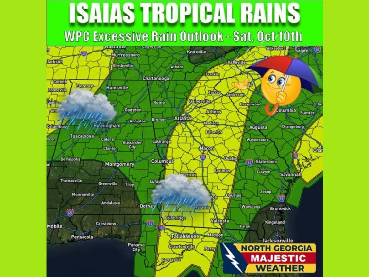 Tropical Storm Isaias Brings Slight Flood Risk to Atlanta, Athens, Gainesville, and Macon Saturday With Gusty Squalls Before Drier Weather Returns Sunday