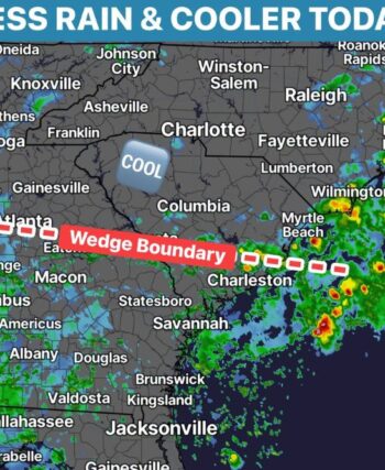 Wedge Boundary Pushes Rain South Near I-20 Toward Atlanta, Charleston, and Savannah Sunday Leaving Charlotte and Columbia Much Cooler and Mostly Dry