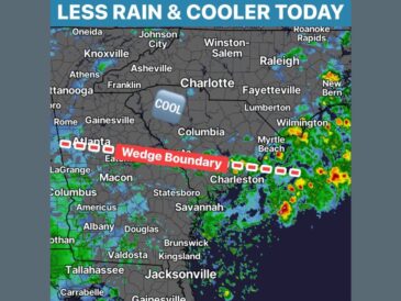 Wedge Boundary Pushes Rain South Near I-20 Toward Atlanta, Charleston, and Savannah Sunday Leaving Charlotte and Columbia Much Cooler and Mostly Dry