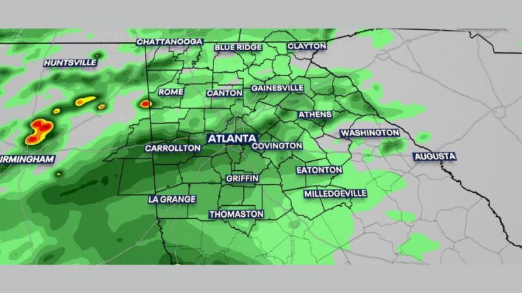 Widespread Rain Soaks Atlanta, Rome, Athens, and Gainesville Sunday Into Monday With Heavy Downpours and Wet Roads Lingering for the Morning Commute
