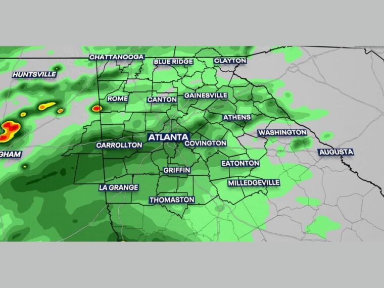 Widespread Rain Soaks Atlanta, Rome, Athens, and Gainesville Sunday Into Monday With Heavy Downpours and Wet Roads Lingering for the Morning Commute